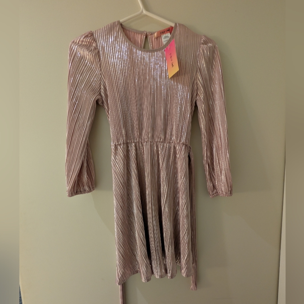 Girls Paper doll Metallic Rose-Pink Pleated Long-Sleeve Party Dress